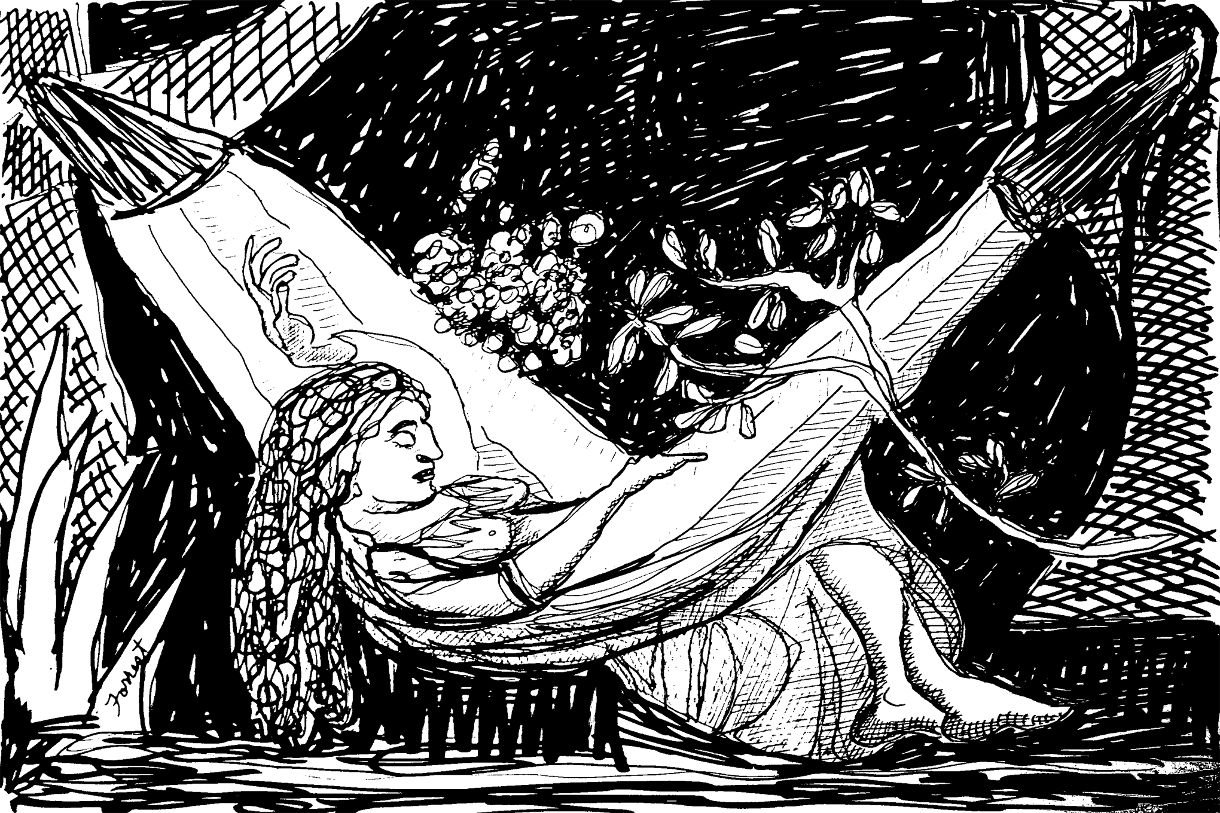 Gustave Courbet, The Hammock, Ink, 2015. The Masters Revisited, Allen Forrest.