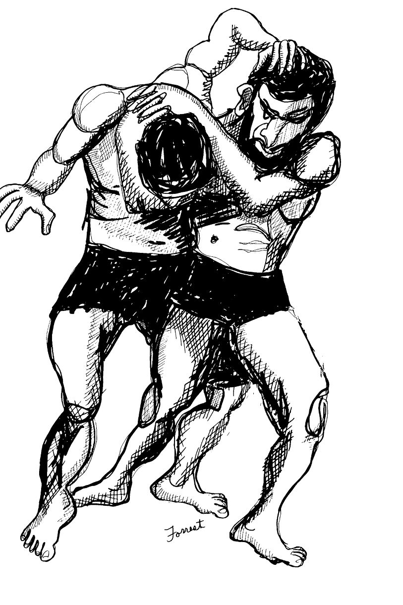 Gustave Courbet, The Wrestlers, Ink, 2015. The Masters Revisited, Allen Forrest.