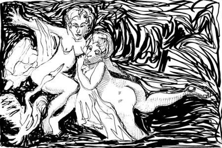 Boucher, Leda And The Swan, Ink, 2015. The Masters Revisited, Allen Forrest.