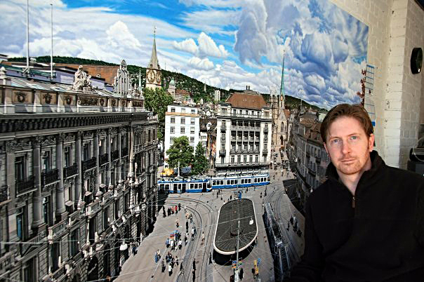 Anthony Brunelli with his painting, Paradeplatz, the famous square in Zurich.