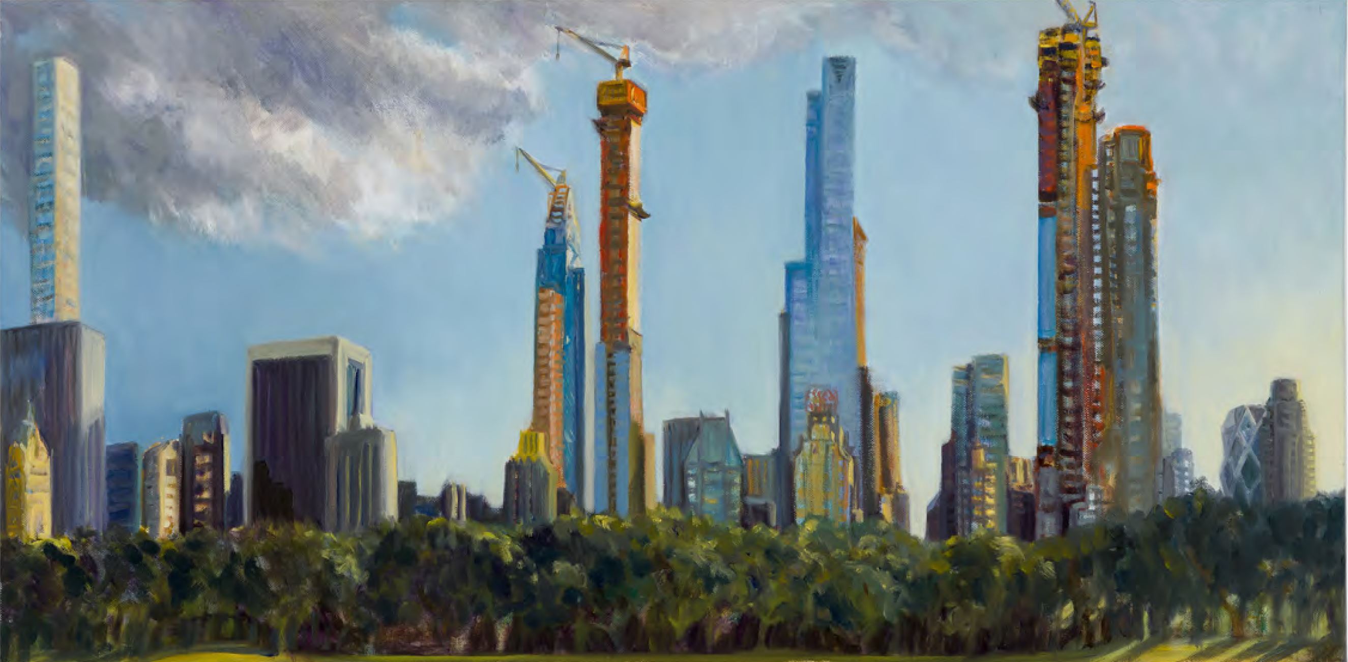 Looking South from Sheep Meadow, August 2018, Oil on canvas, 15”x 30”